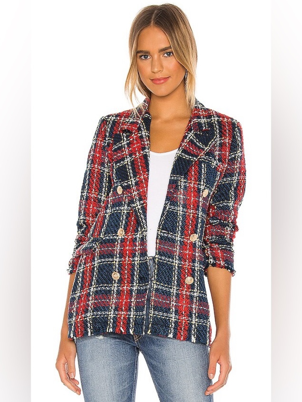 Black NYC Prep Red & Navy Plaid Tweed Blazer